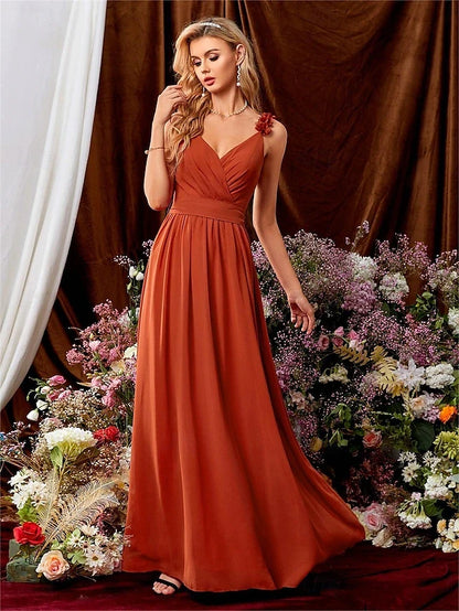 Elegant A-Line V-Neck Sleeveless Ruffled Pleated Rust Orange Floor-Length Prom Dress