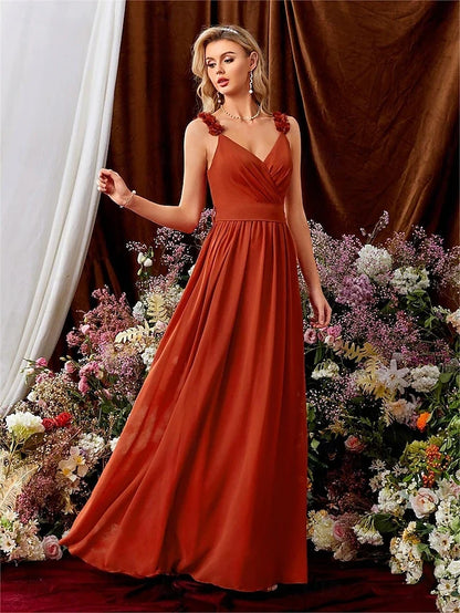 Elegant A-Line V-Neck Sleeveless Ruffled Pleated Rust Orange Floor-Length Prom Dress