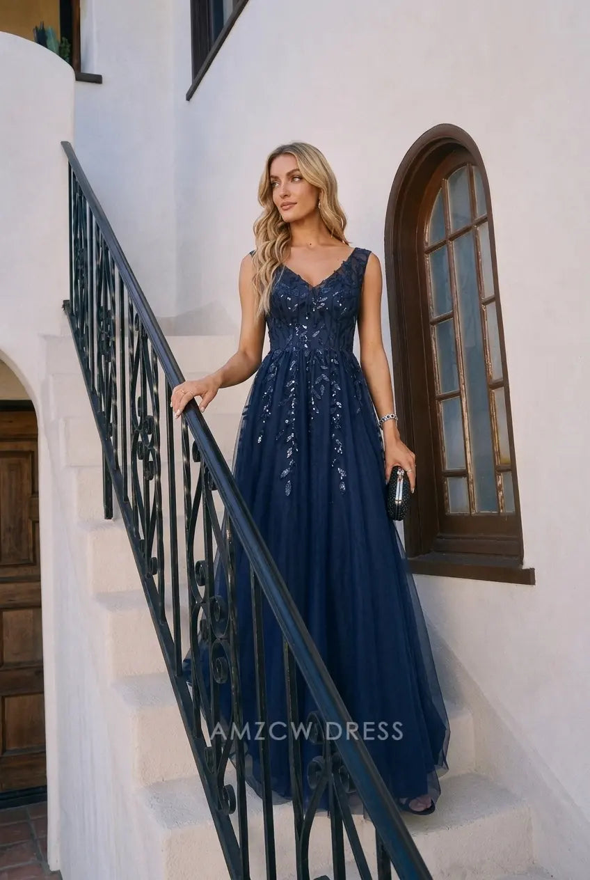 Elegant A-Line V-Neck Sleeveless Sequin Navy Blue Floor-Length Prom Gown