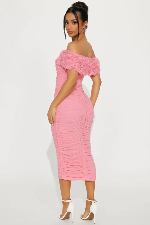 Elegant Bodycon Off-Shoulder Floral Ruffle Blush Pink Midi Prom Dress Women's
