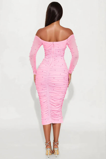 Elegant Bodycon Off-Shoulder Sweetheart Long Sleeve Pearl Ruched Pink Midi Prom Dress