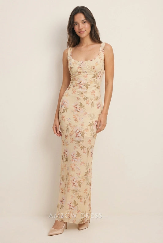 Elegant Bodycon Sweetheart Floral Print Back Slit Light Yellow Maxi Prom Dresses