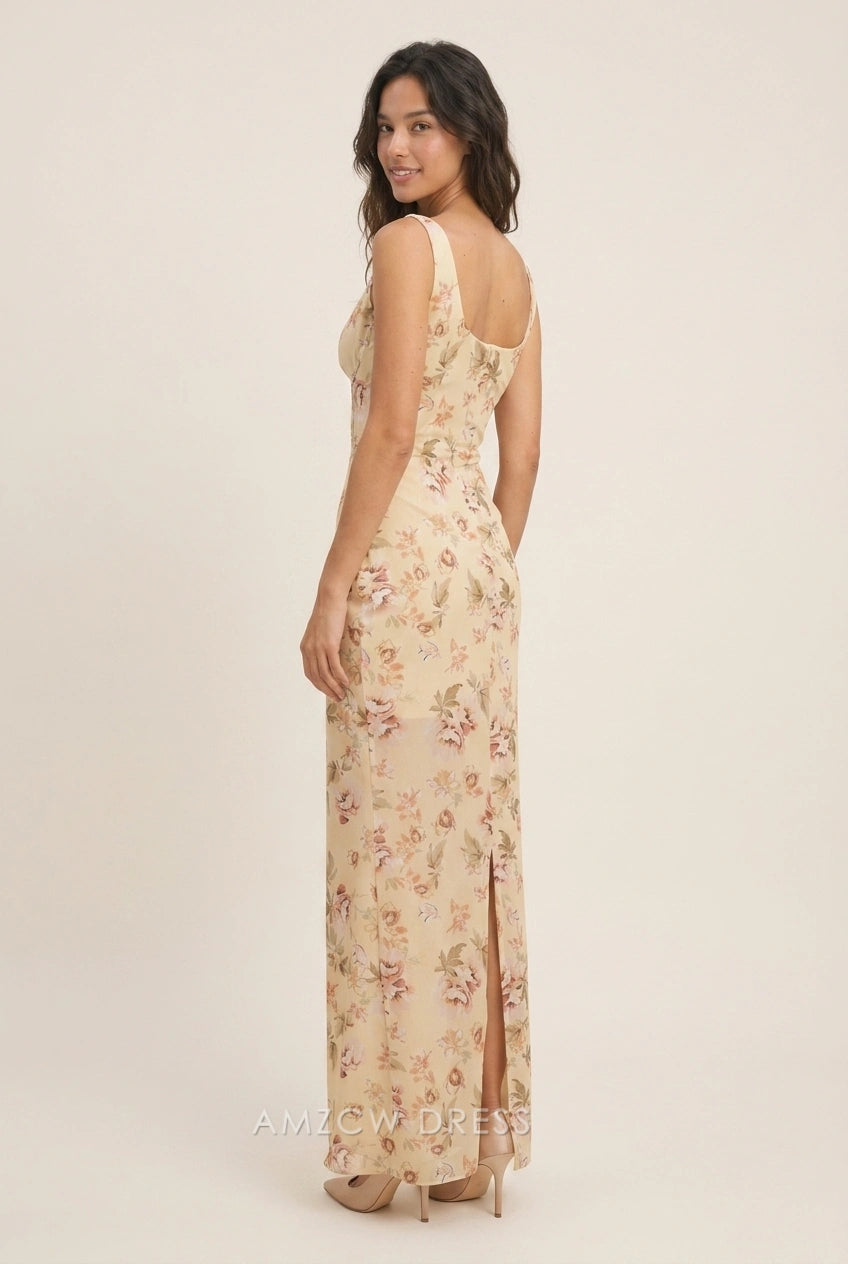 Elegant Bodycon Sweetheart Floral Print Back Slit Light Yellow Maxi Prom Dresses