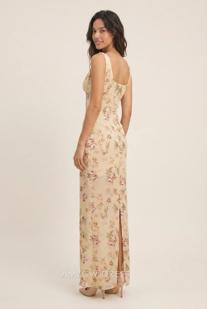 Elegant Bodycon Sweetheart Floral Print Back Slit Light Yellow Maxi Prom Dresses