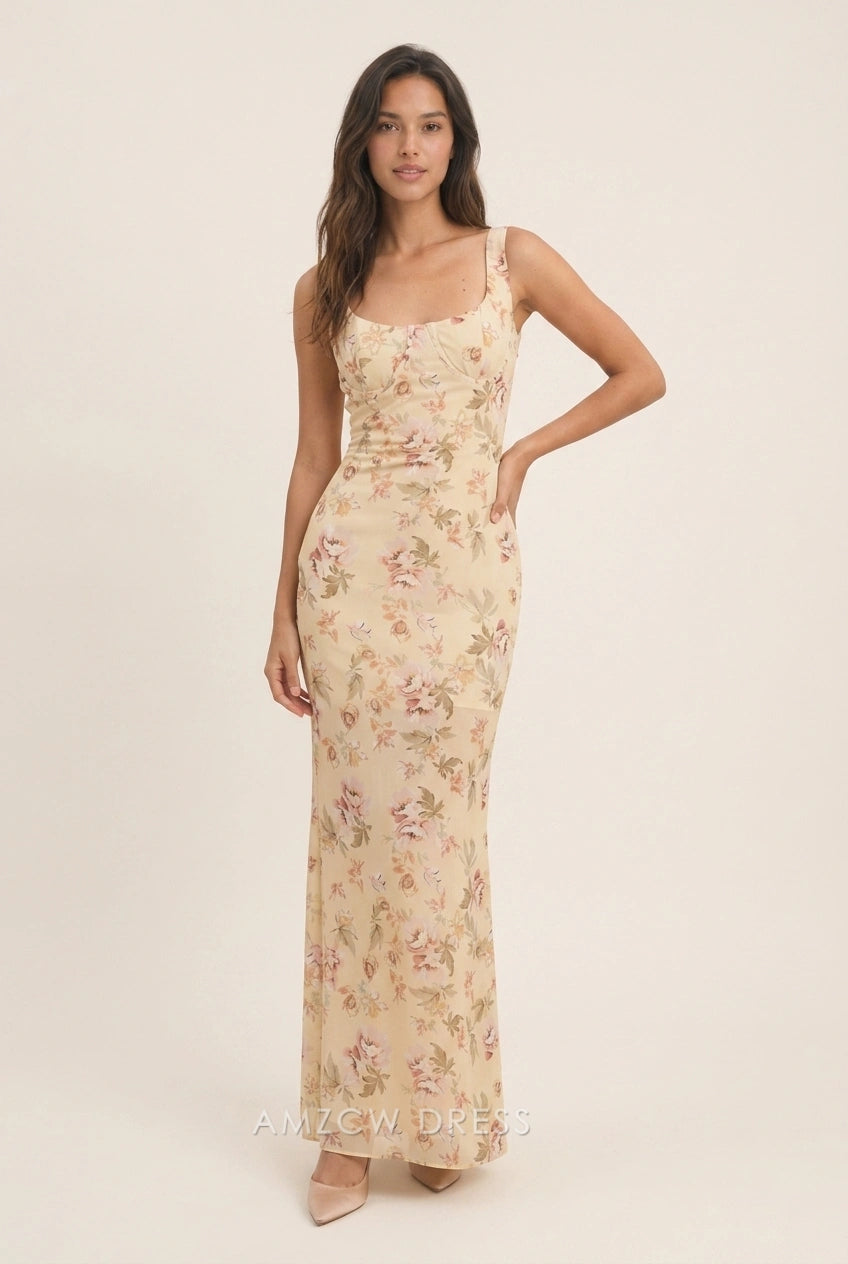 Elegant Bodycon Sweetheart Floral Print Back Slit Light Yellow Maxi Prom Dresses
