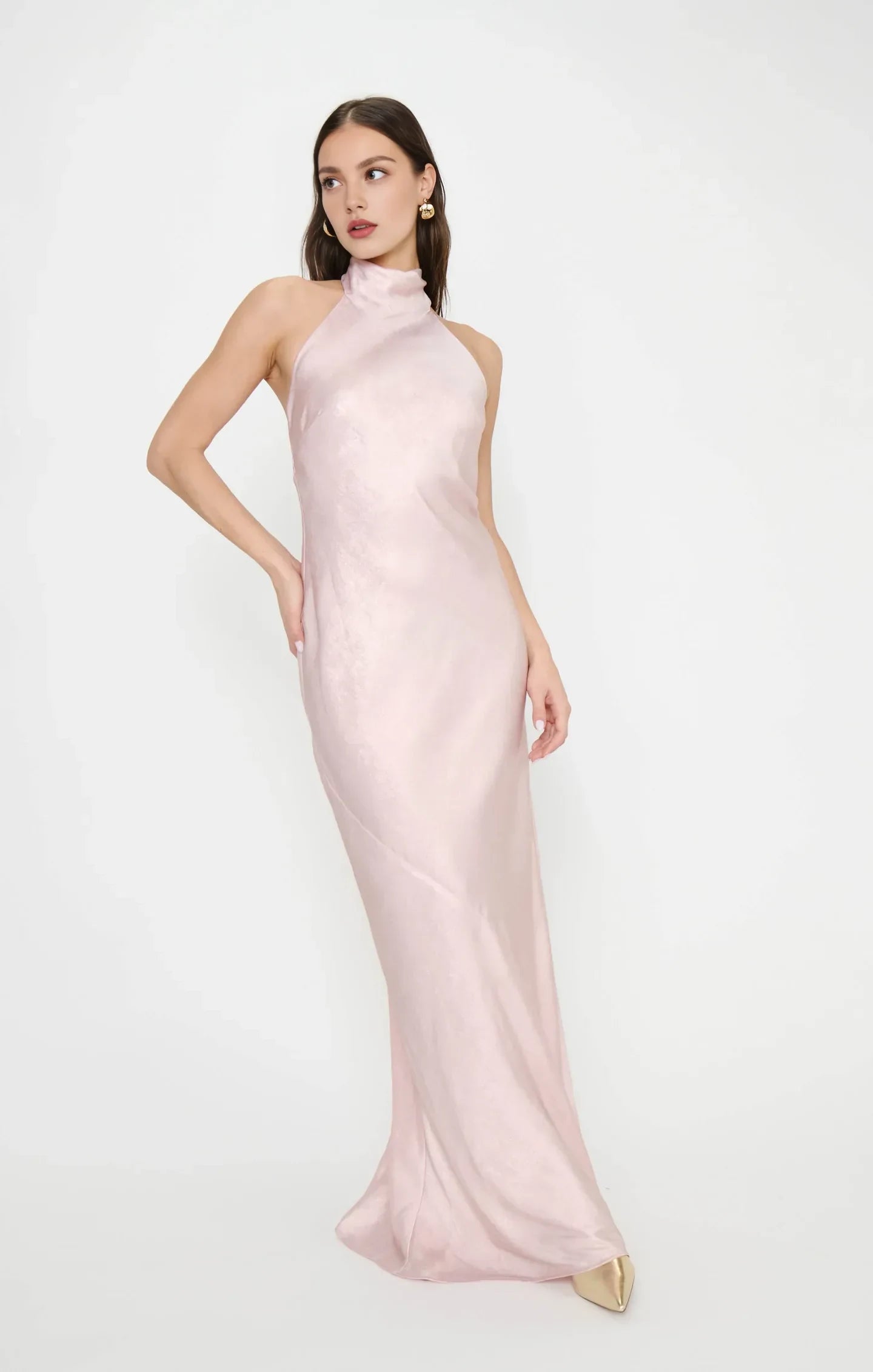 Elegant Column Halter Neck Sleeveless Backless Blush Pink Floor-Length Prom Gown