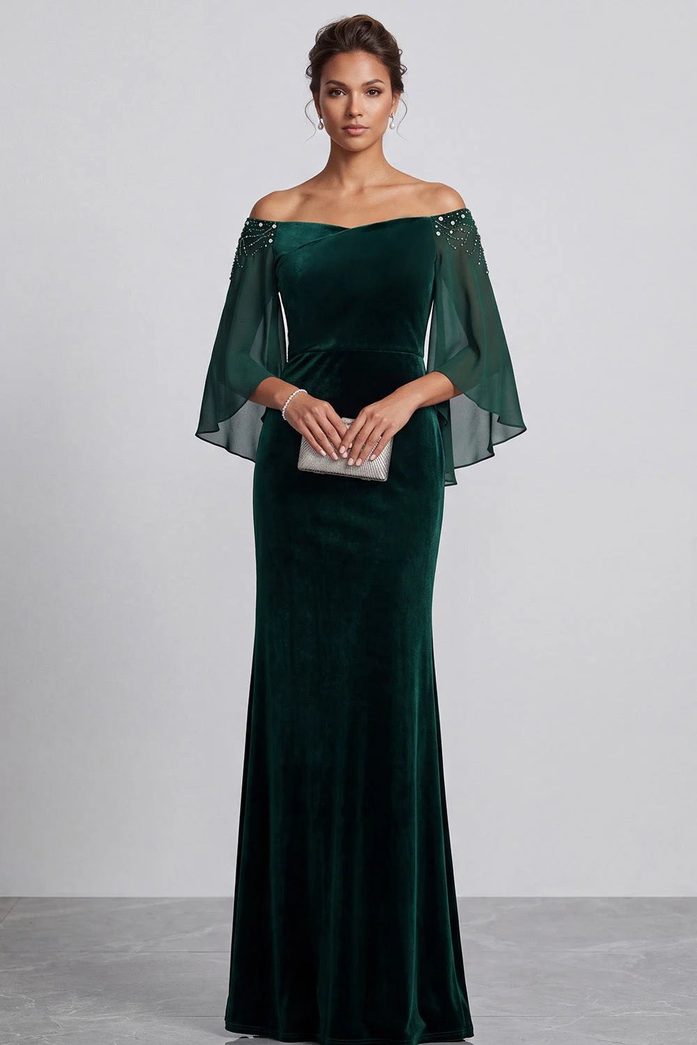 Elegant Column Off-Shoulder Flutter-Sleeve Beaded Green Long Mother Of Bride Gown