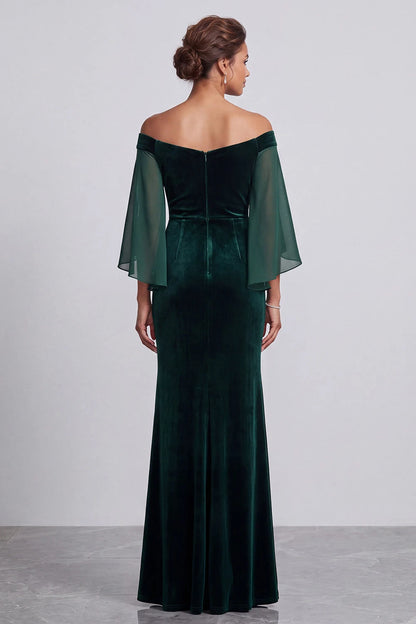 Elegant Column Off-Shoulder Flutter-Sleeve Beaded Green Long Mother Of Bride Gown
