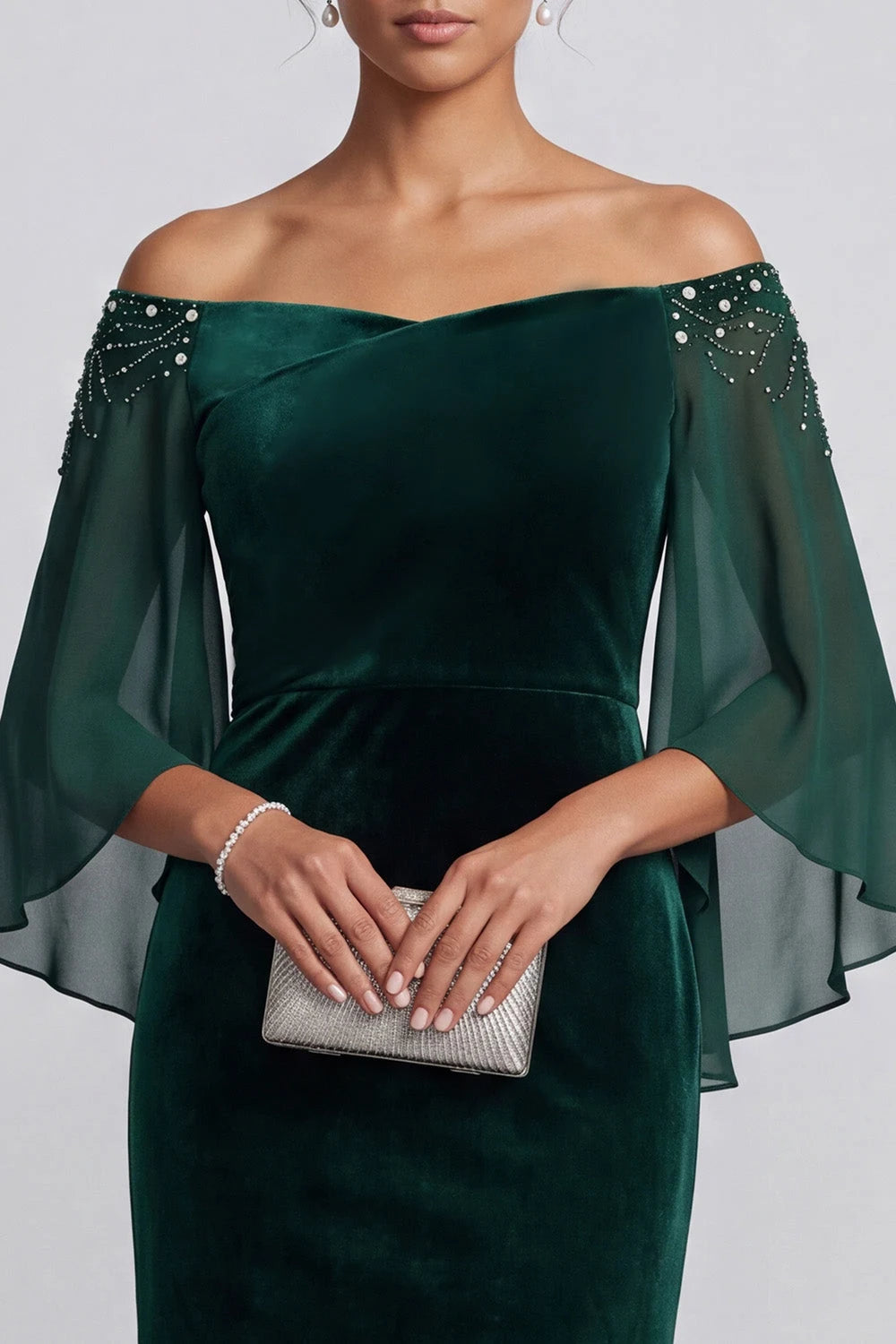 Elegant Column Off-Shoulder Flutter-Sleeve Beaded Green Long Mother Of Bride Gown