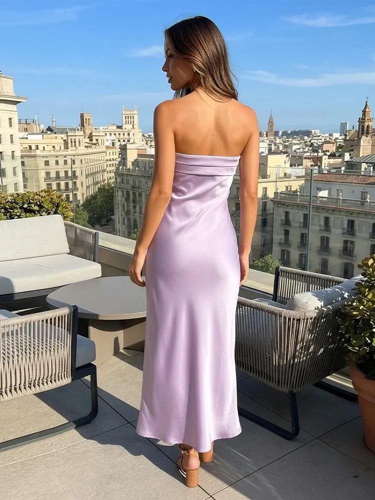 Elegant Column Strapless Sleeveless Sleek Modern Lavender Midi Prom Dresses Women's Gown