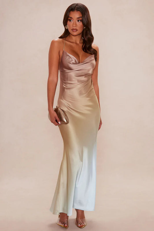 Elegant Fitted Cowl Neck Sleeveless Ombre Backless Gold Blue Maxi Prom Dress