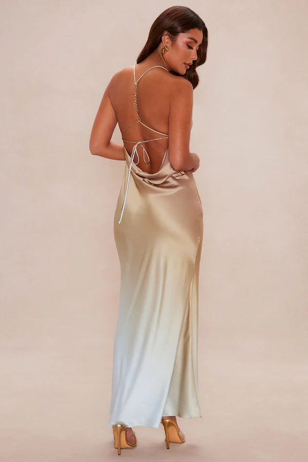 Elegant Fitted Cowl Neck Sleeveless Ombre Backless Gold Blue Maxi Prom Dress