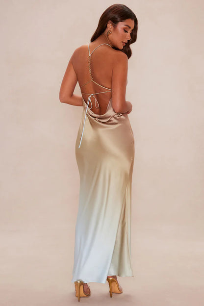 Elegant Fitted Cowl Neck Sleeveless Ombre Backless Gold Blue Maxi Prom Dress