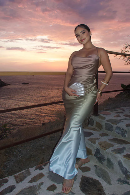 Elegant Fitted Cowl Neck Sleeveless Ombre Backless Gold Blue Maxi Prom Dress