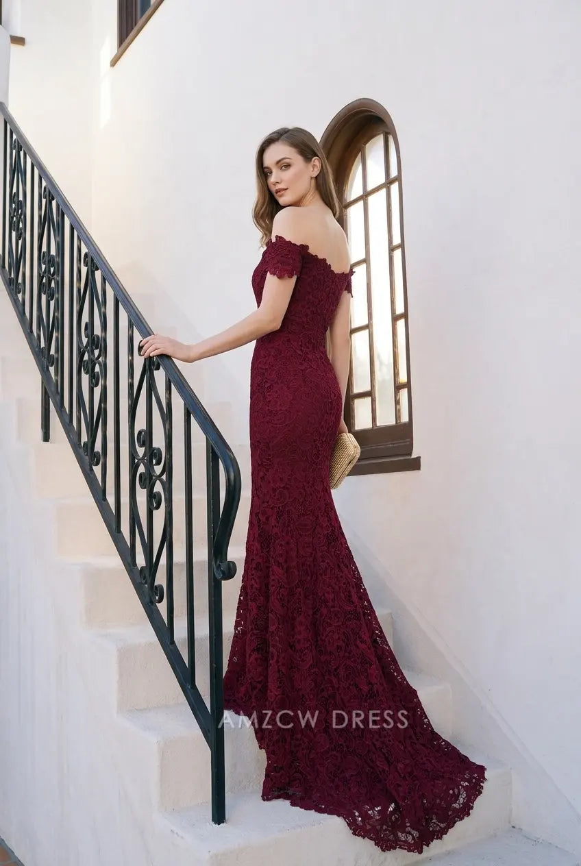 Elegant Fitted Off-Shoulder Lace Burgundy Floor-Length Mermaid Prom Dress Women's