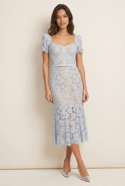 Elegant Fitted Square Neck Short Sleeve Lace Midi Light Blue Prom Dresses