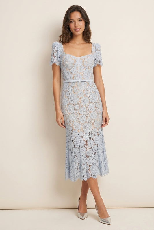 Elegant Fitted Square Neck Short Sleeve Lace Midi Light Blue Prom Dresses