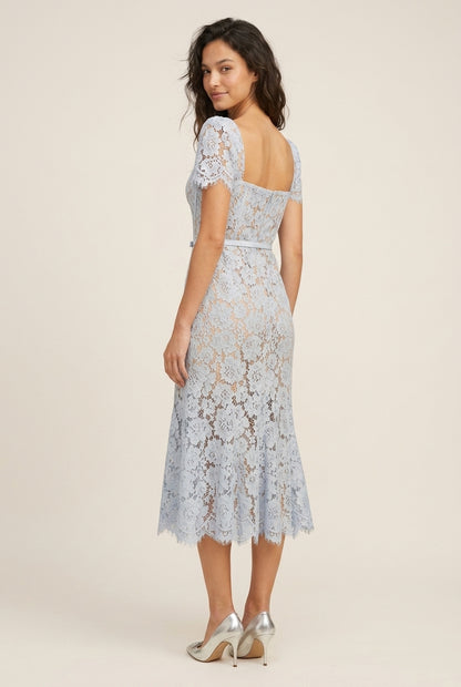 Elegant Fitted Square Neck Short Sleeve Lace Midi Light Blue Prom Dresses