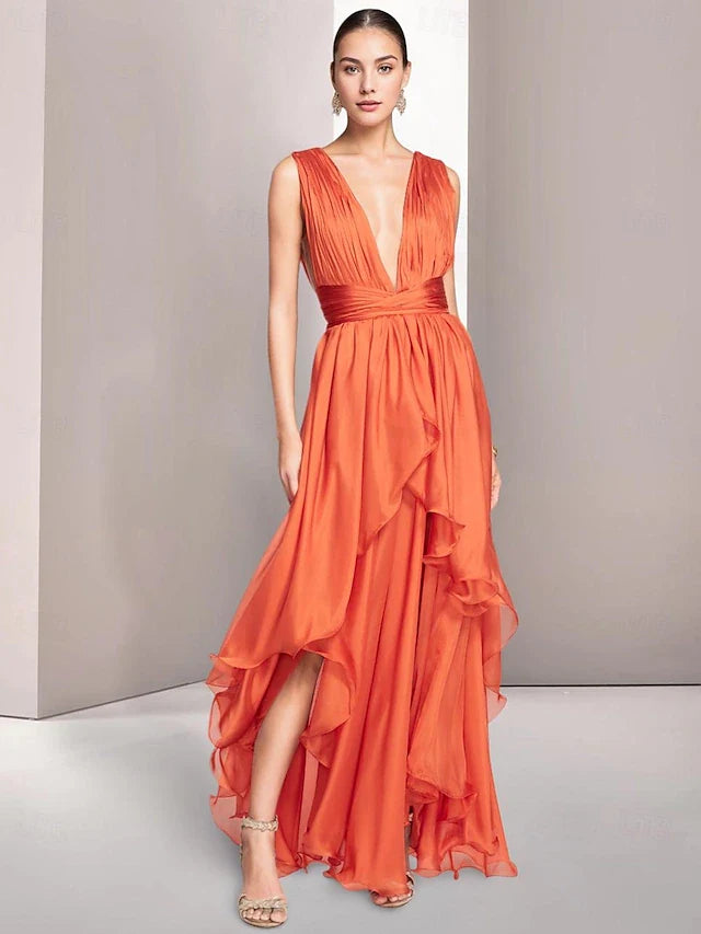 Elegant Flowy Deep V-Neck Sleeveless Ruffled Orange High-Low Prom Gown
