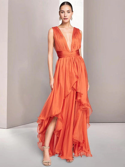 Elegant Flowy Deep V-Neck Sleeveless Ruffled Orange High-Low Prom Gown