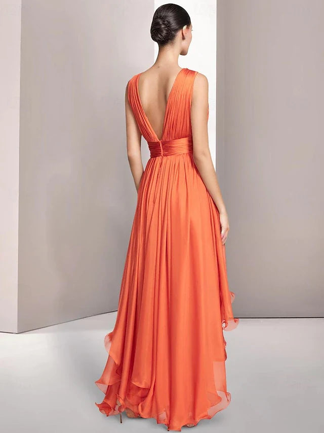 Elegant Flowy Deep V-Neck Sleeveless Ruffled Orange High-Low Prom Gown