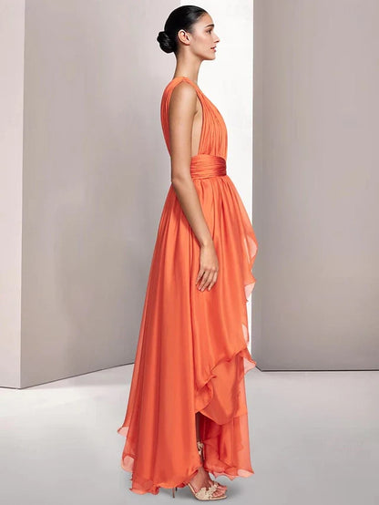 Elegant Flowy Deep V-Neck Sleeveless Ruffled Orange High-Low Prom Gown