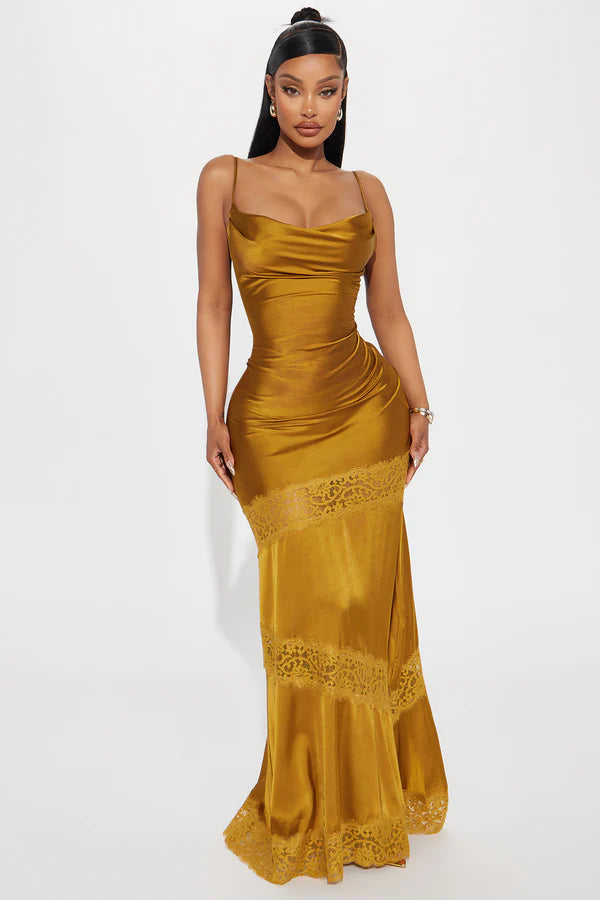 Elegant Mermaid Cowl Neck Sleeveless Draped Lace-Trimmed Gold Floor-Length Women's Prom Gown