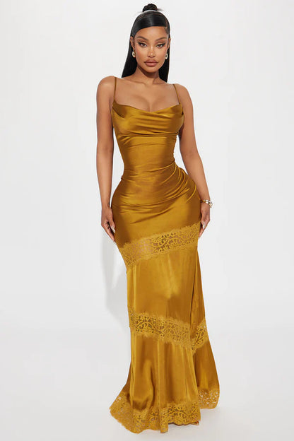 Elegant Mermaid Cowl Neck Sleeveless Draped Lace-Trimmed Gold Floor-Length Women's Prom Gown