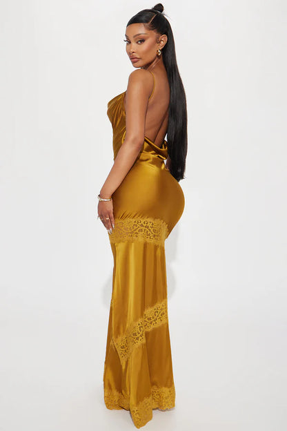 Elegant Mermaid Cowl Neck Sleeveless Draped Lace-Trimmed Gold Floor-Length Women's Prom Gown