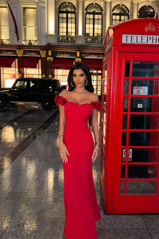 Elegant Mermaid Off-Shoulder Floral Applique Red Floor-Length Prom Dresses Women's Gown