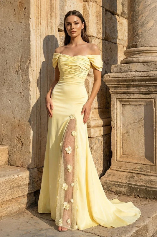Elegant Mermaid Off-Shoulder Ruched Bodice Floral Slit Yellow Long Prom Dresses