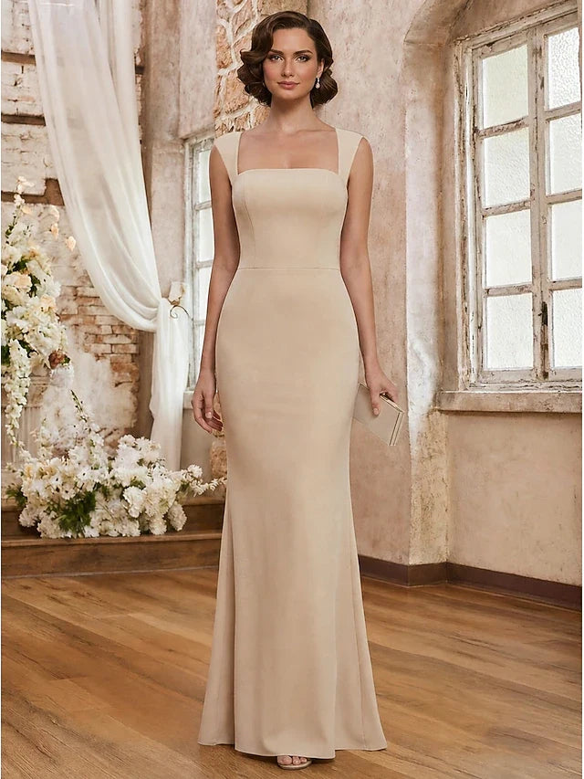 Elegant Mermaid Square Neck Floral Cape Nude Beige Floor-Length Prom Dresses Gown