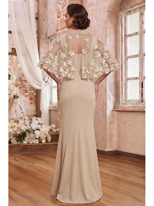 Elegant Mermaid Square Neck Floral Cape Nude Beige Floor-Length Prom Dresses Gown