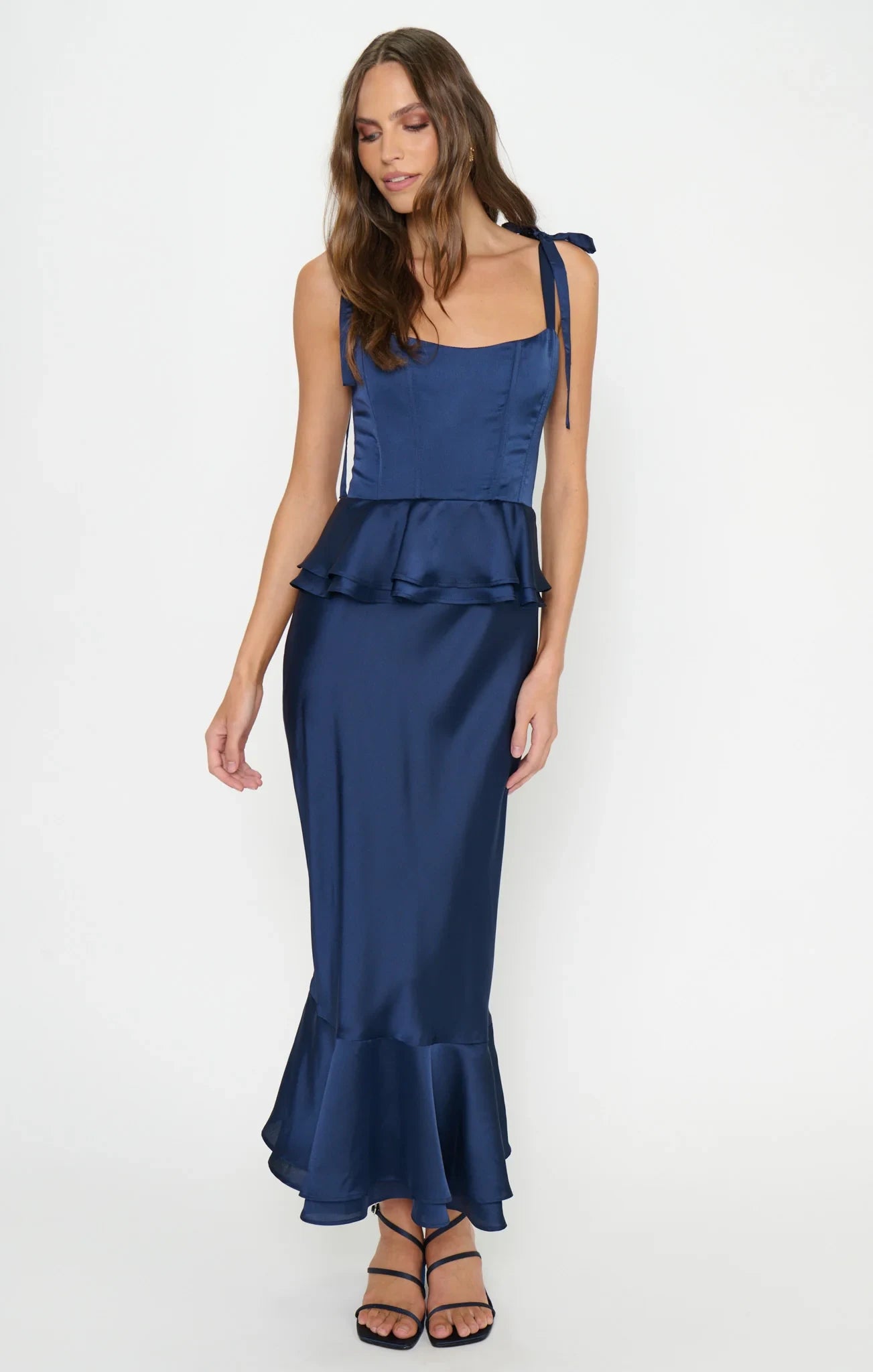 Elegant Mermaid Square Neck Sleeveless Peplum Navy Blue Midi Prom Dress