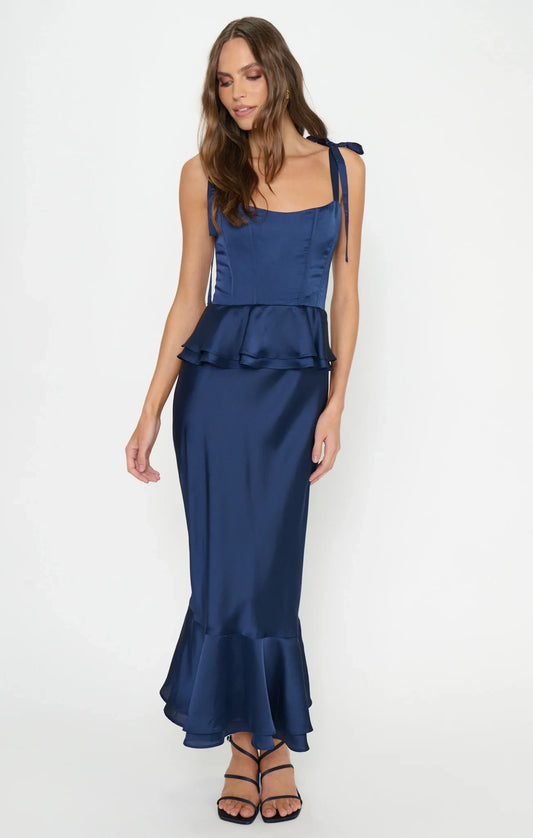 Elegant Mermaid Square Neck Sleeveless Peplum Navy Blue Midi Prom Dress