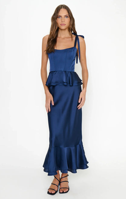Elegant Mermaid Square Neck Sleeveless Peplum Navy Blue Midi Prom Dress