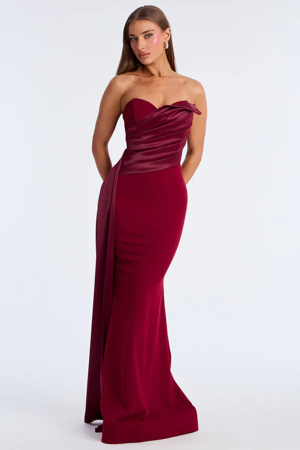 Elegant Mermaid Strapless Sleeveless Ruched Draped Burgundy Floor-Length Prom Dresses Women's Gown