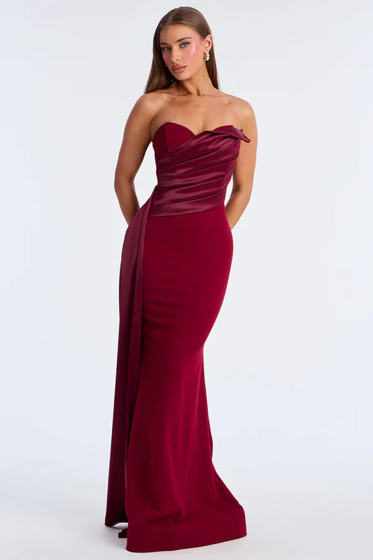 Elegant Mermaid Strapless Sleeveless Ruched Draped Burgundy Floor-Length Prom Dresses Women's Gown