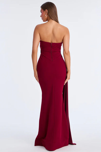 Elegant Mermaid Strapless Sleeveless Ruched Draped Burgundy Floor-Length Prom Dresses Women's Gown
