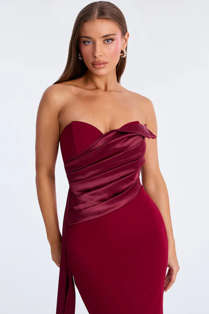 Elegant Mermaid Strapless Sleeveless Ruched Draped Burgundy Floor-Length Prom Dresses Women's Gown