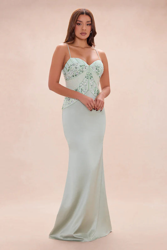 Elegant Mermaid Sweetheart Sleeveless Beaded Sequin Sage Green Floor-Length Prom Gown