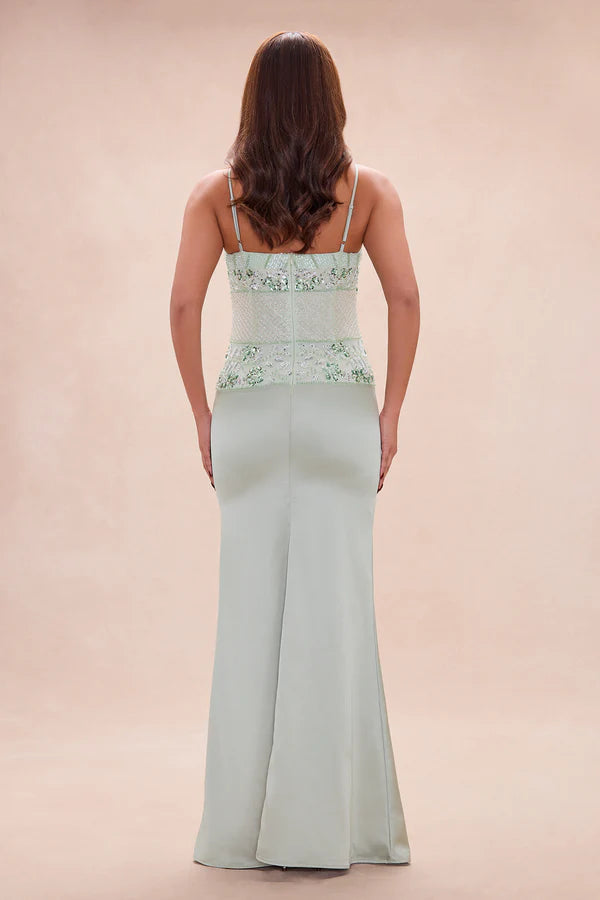 Elegant Mermaid Sweetheart Sleeveless Beaded Sequin Sage Green Floor-Length Prom Gown