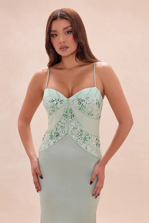 Elegant Mermaid Sweetheart Sleeveless Beaded Sequin Sage Green Floor-Length Prom Gown