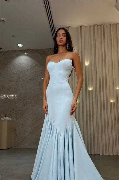 Elegant Mermaid Sweetheart Sleeveless Pleated Flare Light Blue Floor-Length Prom Dresses