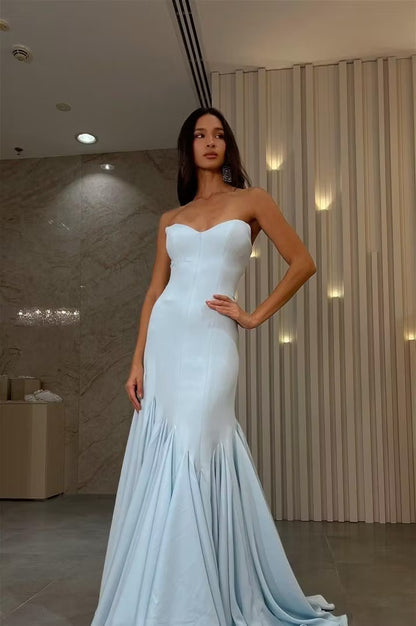 Elegant Mermaid Sweetheart Sleeveless Pleated Flare Light Blue Floor-Length Prom Dresses