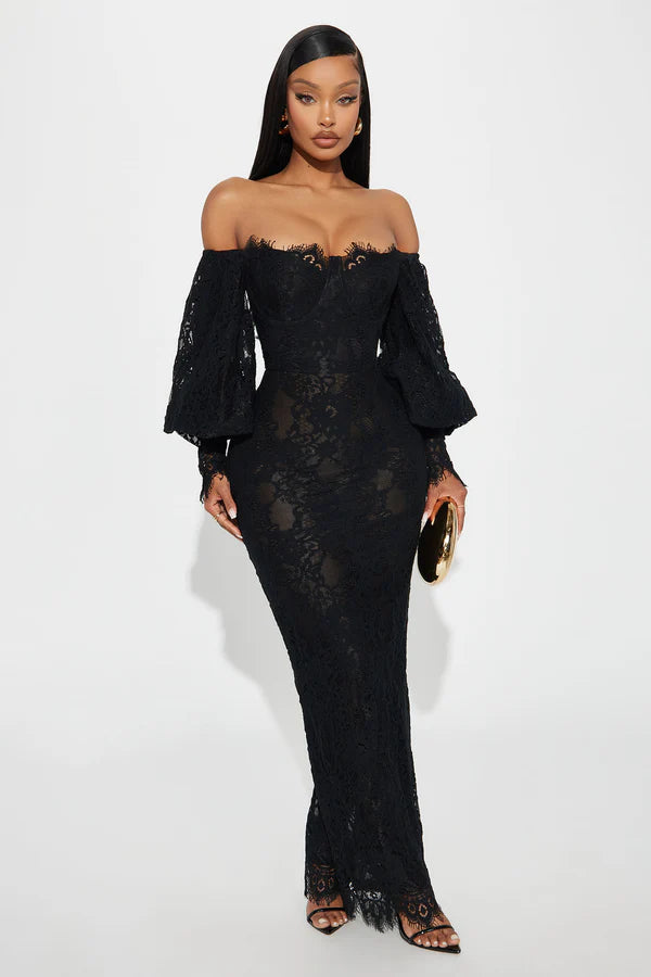 Elegant Off-Shoulder Puffy Sleeve Lace Black Floor-Length Prom Dress Gown