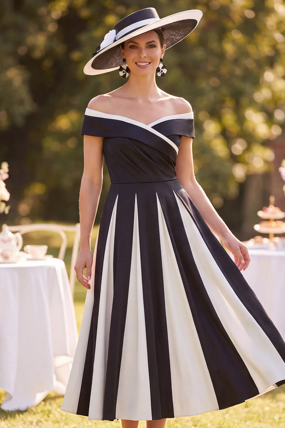 Elegant Off-Shoulder Striped Contrast Black Midi Mother Of The Bride Dresses