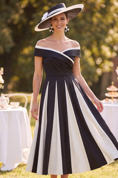 Elegant Off-Shoulder Striped Contrast Black Midi Mother Of The Bride Dresses