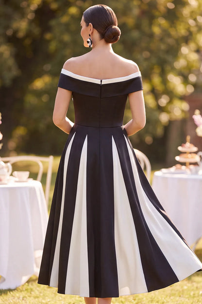 Elegant Off-Shoulder Striped Contrast Black Midi Mother Of The Bride Dresses
