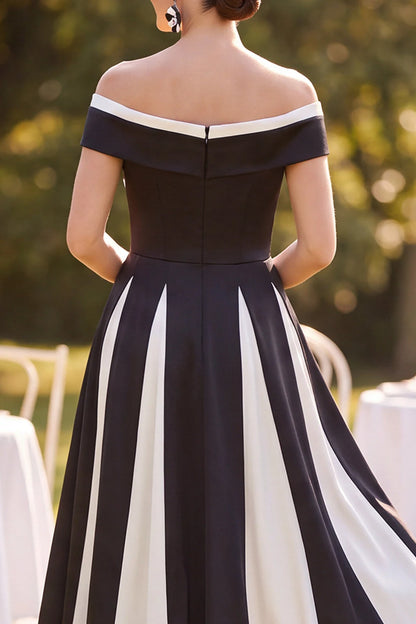 Elegant Off-Shoulder Striped Contrast Black Midi Mother Of The Bride Dresses